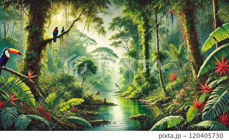 アマゾン熱帯雨林の豊かな自然とカラフルな鳥たちが暮らす楽園の