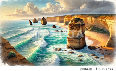 オーストラリアのグレートオーシャンロードの十二使徒岩と青い波が広がる壮大な海岸線 120405733