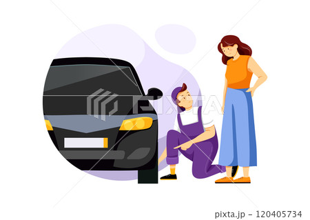 Mechanic showing customer the problem with car 120405734