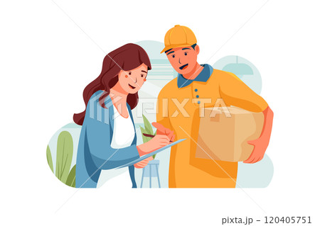 The customer is standing beside the shipper to sign her bill. The customer is standing beside the shipper to sign her bill. 120405751