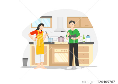 A woman in the apron and a man cooking together during the quarantine time 120405767