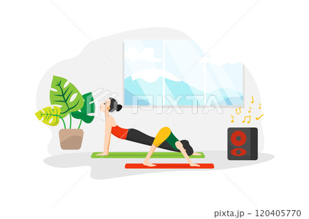 A woman and her daughter do yoga lesson next at home to a speaker playing relaxing music 120405770
