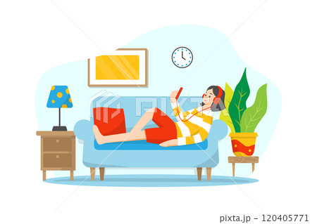 A girl is at home resting on the sofa and listening to music A girl is at home resting on the sofa and listening to music 120405771