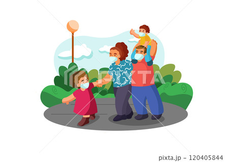 A family is playing in the park and wearing a mask to prevent virus. 120405844