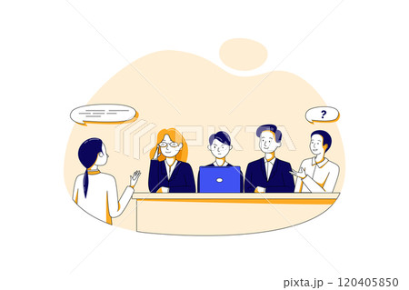 Woman during job interview and four elegant members of management Woman during job interview and four elegant members of management 120405850
