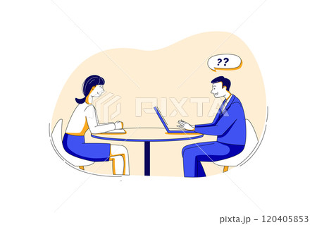 Job interview - businessman listen to candidate answers Job interview - businessman listen to candidate answers 120405853