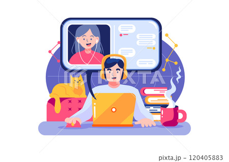 A boy and a girl are having online meeting by their laptop A boy and a girl are having online meeting by their laptop 120405883