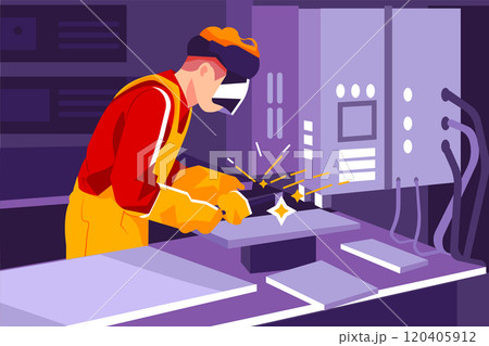 Man with welding helmet welding steel 120405912