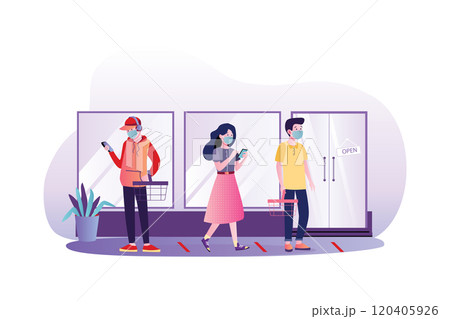 People wearing mask waiting in line 120405926