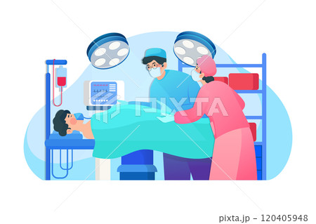Plastic surgeon operating patient with assistant help in surgery dark room with medical stuff. 120405948