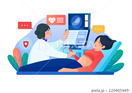 Female doctor, woman in medical uniform scanning young mother girl belly looking in monitor smiling. Embryo baby health diagnostic illustration 120405949