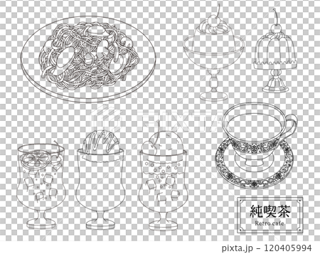 純咖啡廳食品套裝手繪線圖插圖 純咖啡廳食品套裝手繪線圖插圖 120405994