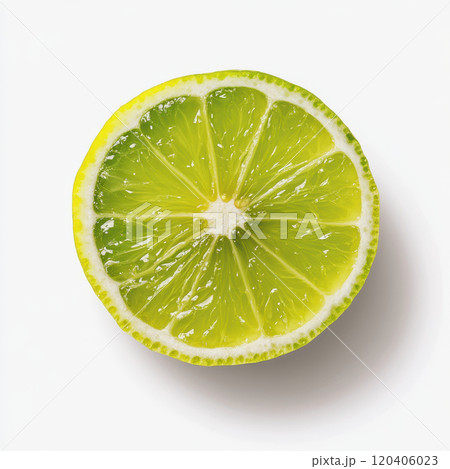Fresh lime slice showcasing vibrant green color and juicy texture. Perfect for culinary use or as garnish in beverages 120406023