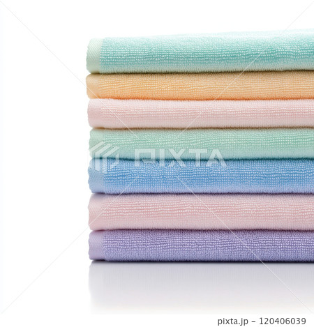 Soft, colorful towels stacked neatly, showcasing pastel shades of blue, green, orange, and pink, perfect for bathroom or spa setting 120406039