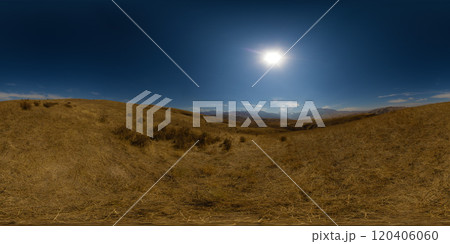 Spherical HDRi panorama of dry grass foothills at sunny autumn day with clear blue sky above Spherical HDRi panorama of dry grass foothills at sunny autumn day with clear blue sky above 120406060