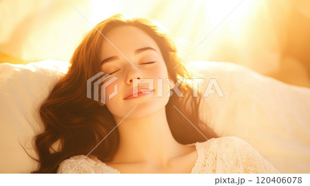Relaxed woman with closed eyes enjoying sunlight in serene setting, radiating peace and tranquility. warm glow enhances her calm expression Relaxed woman with closed eyes enjoying sunlight in serene setting, radiating peace and tranquility. warm glow enhances her calm expression 120406078