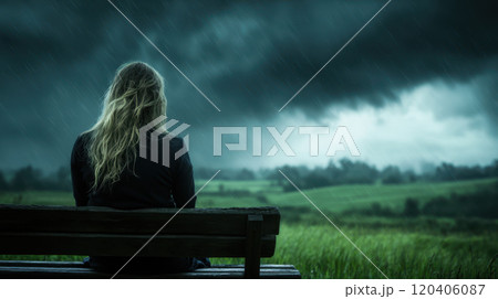 woman sits on bench, gazing at stormy landscape with dark clouds and rain. scene evokes sense of solitude and contemplation amidst nature turmoil 120406087