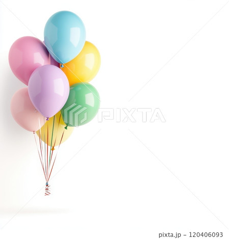 Colorful balloons in pastel shades float cheerfully against white background, creating festive and joyful atmosphere perfect for celebrations Colorful balloons in pastel shades float cheerfully against white background, creating festive and joyful atmosphere perfect for celebrations 120406093