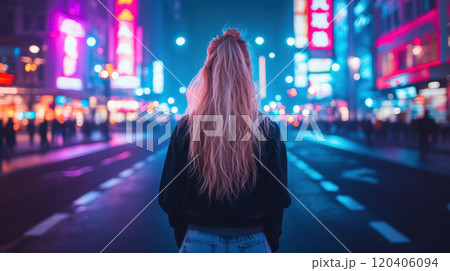 Young woman with long blonde hair stands on city street at night, surrounded by vibrant neon lights and bustling atmosphere, evoking sense of adventure and exploration 120406094