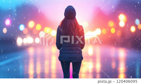 woman stands in rain, illuminated by colorful city lights, creating dreamy atmosphere. snow adds magical touch to scene, evoking sense of wonder and tranquility woman stands in rain, illuminated by colorful city lights, creating dreamy atmosphere. snow adds magical touch to scene, evoking sense of wonder and tranquility 120406095