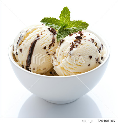 Creamy vanilla ice cream with chocolate swirls and mint garnish in bowl. Perfect for refreshing dessert on warm day Creamy vanilla ice cream with chocolate swirls and mint garnish in bowl. Perfect for refreshing dessert on warm day 120406103