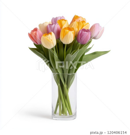 colorful bouquet of fresh tulips in clear glass vase, showcasing vibrant hues of pink, yellow, and purple. This arrangement brings cheerful and lively atmosphere to any space 120406154