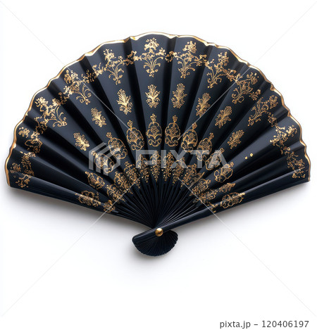 decorative hand fan featuring intricate gold patterns on black background, perfect for adding elegance to any setting. This fan showcases exquisite craftsmanship and artistic design 120406197