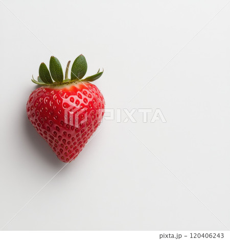 Fresh red strawberry with green leaves on white background, showcasing its vibrant color and texture, perfect for healthy eating and desserts 120406243