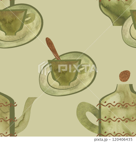 Small green tea cup with gilded spoon and teapot with gold decor. Vintage style. Seamless watercolor pattern on light olive green background for tablecloth or packaging design. 120406435