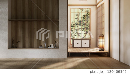 Empty room,Clean japanese traditional style wooden design minimalist room interior, 3D rendering 120406543