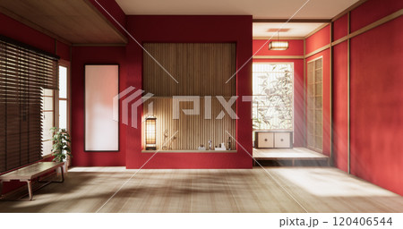 Red dark color wall on Empty room japanese traditional style interior.3D rendering 120406544