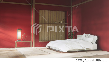 Bedroom japanese minimal style.,Modern white wall and wooden floor, room minimalist. 3D rendering 120406556