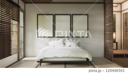 Bedroom japanese minimal style.,Modern white wall and wooden floor, room minimalist. 3D rendering 120406561