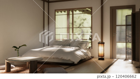Bedroom japanese minimal style.,Modern white wall and wooden floor, room minimalist. 120406662