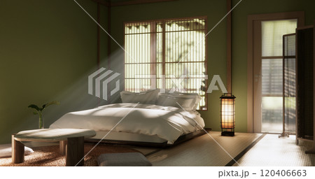green design on bed room japanese deisgn with tatami mat floor. green design on bed room japanese deisgn with tatami mat floor. 120406663