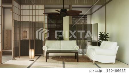 Sofa and low table in living room Japanese style. 3D rendering Sofa and low table in living room Japanese style. 3D rendering 120406685