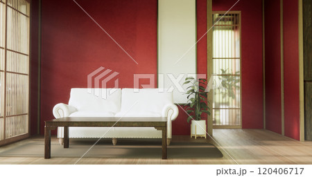 The interior color Red room inteior with tatami mat floor.3D rendering 120406717
