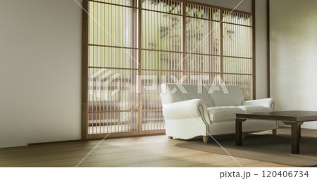 Sofa and low table in living room Japanese style. 3D rendering Sofa and low table in living room Japanese style. 3D rendering 120406734