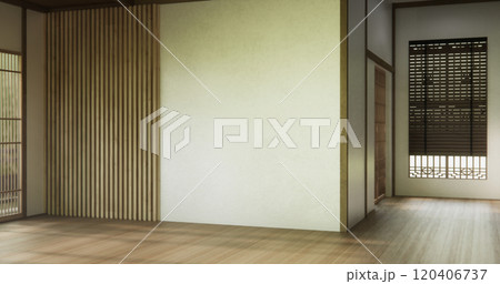 Clean modern japanese traditional style wooden design minimalist room interior, 3D rendering Clean modern japanese traditional style wooden design minimalist room interior, 3D rendering 120406737