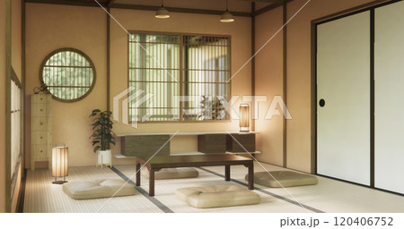low table in room Japanese style with decoration muji minimal. 3D rendering low table in room Japanese style with decoration muji minimal. 3D rendering 120406752