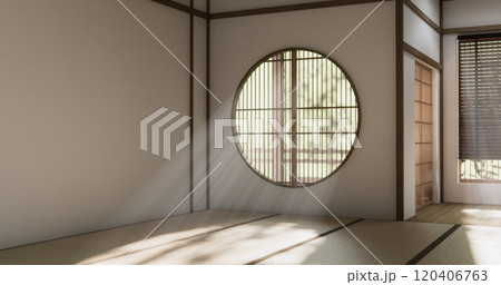 Mock up empty, Modern japanese tatami mat floor, room japanese traditional style. 3D rendering Mock up empty, Modern japanese tatami mat floor, room japanese traditional style. 3D rendering 120406763