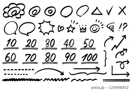 テスト採点に使う手書きの点数、花丸、矢印等のセット(黒) テスト採点に使う手書きの点数、花丸、矢印等のセット(黒) 120406852