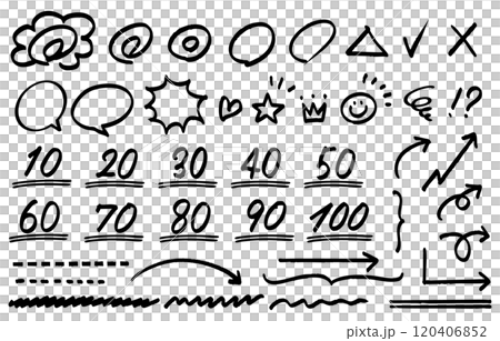 テスト採点に使う手書きの点数、花丸、矢印等のセット(黒) テスト採点に使う手書きの点数、花丸、矢印等のセット(黒) 120406852