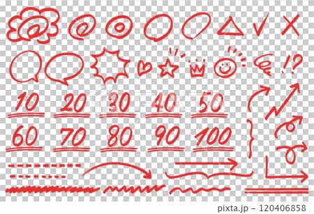 A set of handwritten marks, flower circles, arrows, etc. for marking tests (red) A set of handwritten marks, flower circles, arrows, etc. for marking tests (red) 120406858