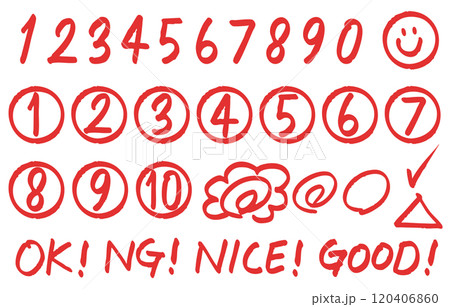 手書きの数字、花丸、英単語のセット（赤） 120406860