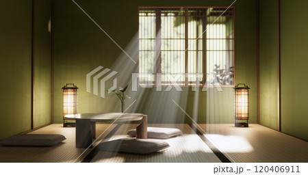 low table in room Japanese style with decoration muji minimal. 3D rendering low table in room Japanese style with decoration muji minimal. 3D rendering 120406911