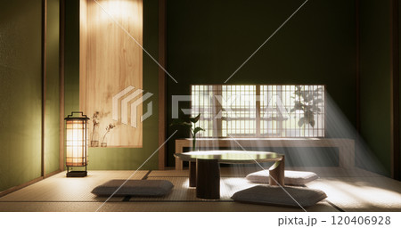 low table in room Japanese style with decoration muji minimal. 3D rendering low table in room Japanese style with decoration muji minimal. 3D rendering 120406928