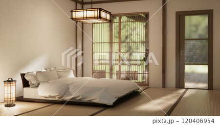 Bedroom japanese minimal style.,Modern white wall and wooden floor, room minimalist. 120406954