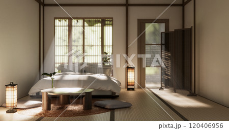 Bedroom japanese minimal style.,Modern white wall and wooden floor, room minimalist. Bedroom japanese minimal style.,Modern white wall and wooden floor, room minimalist. 120406956