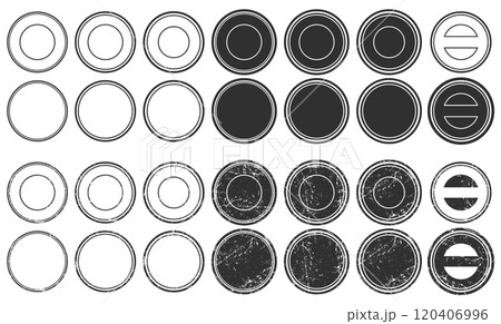Stamps frames vector icon shape set. Stamp grunge ink rubber labels sign collection. Isolated on white background. Black round stamp border pack. Stamps frames vector icon shape set. Stamp grunge ink rubber labels sign collection. Isolated on white background. Black round stamp border pack. 120406996